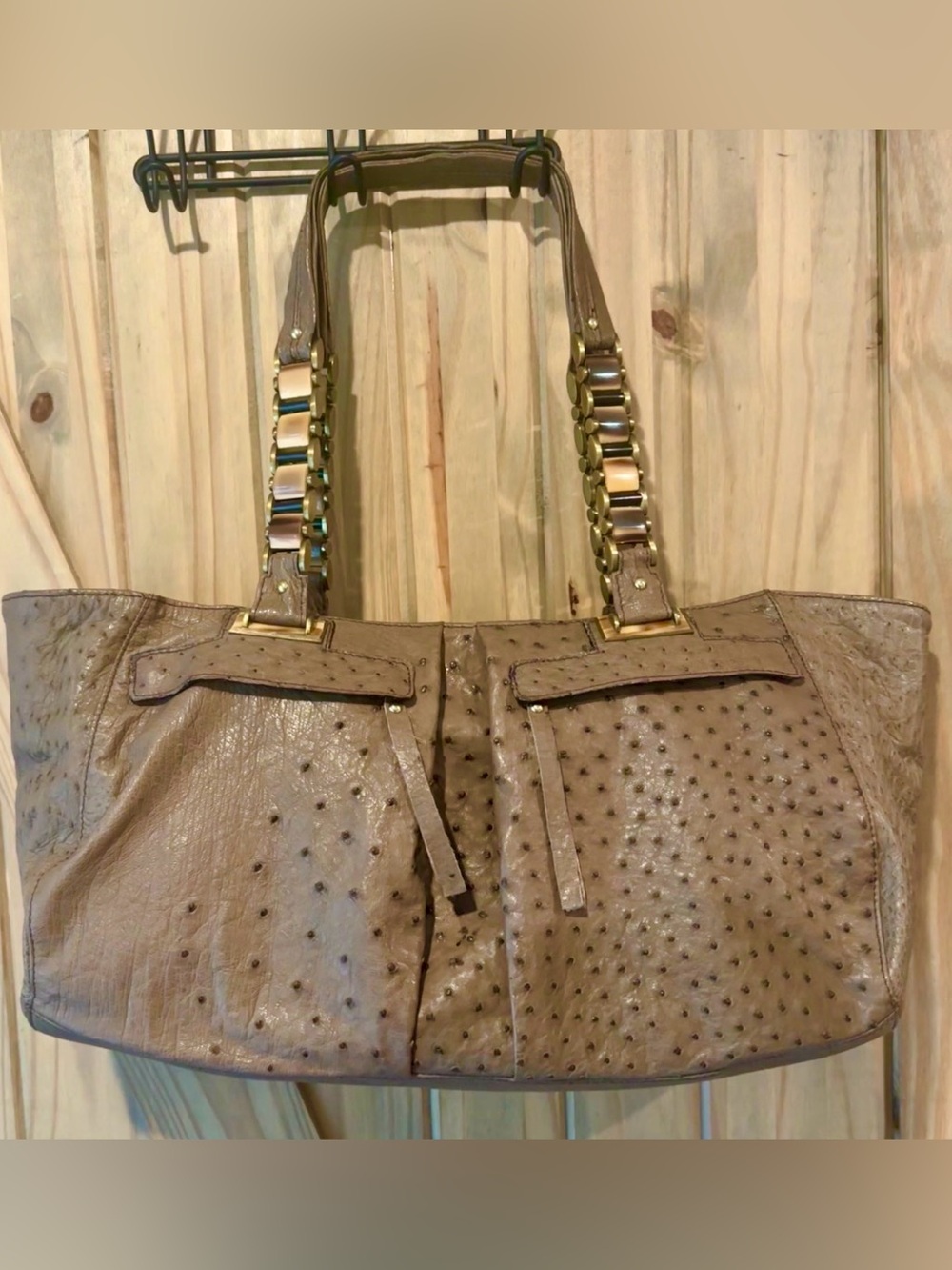 New NOS R & Y Augousti Brown genuine ostrich skin XL Gold Accents lucite